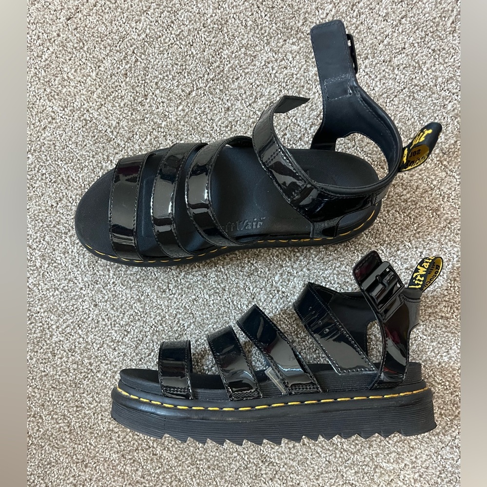 Dr. Martens Black Patent Leather Strappy Platform Sandals
